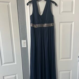 Max & Cleo Navy Blue Sleeveless V-Neck Gown